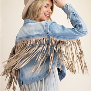Vintage Washed Denim Jacket with Suede Tassel Fringe